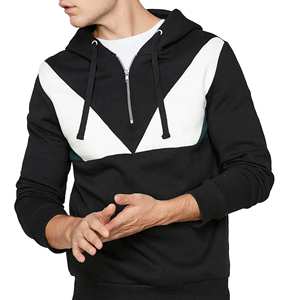 Mens Premium <b>Black</b> White Chevron Hoodie Half Zip Pullover Streetwear Casual Fashion Sweatshirt Winter Warm <b>Fleece</b> Hooded Jacket - Product Image 1