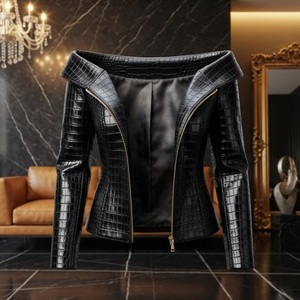 Chaqueta de Motociclista de Piel Sintética con Estampado de Cocodrilo Negro para Mujer, Cierre de Cremallera, Manga Larga, Largo Regular, Otoño - Product Image 1