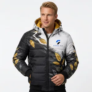 Chaqueta Acolchada con Capucha para Hombre, Estampado Floral, Cortavientos, Invierno, Casual, Cierre de Cremallera, 100% Poliéster, Corte Regular - Product Image 2