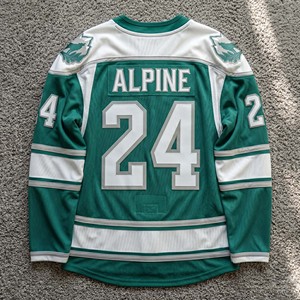 Premium Green and White Mountain Graphic Ice Hockey Shirt Long Sleeve Soccer Jersey Custom Team Uniform Lace Up Collar Number 24 - Product Image 2