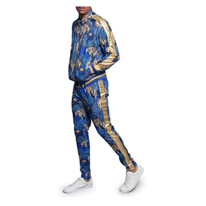 Ensemble de survêtement pour homme, imprimé tigre bleu, sweat-shirt à demi-zip long et pantalon de jogging avec rayures dorées, streetwear, vêtements d'automne - Product Image 3