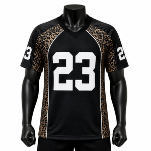Camiseta de Fútbol Americano con Estampado de Leopardo Negro para Hombre, Cuello en V, Manga Corta, Absorbe la Humedad, Ajuste Atlético, Sublimada - Product Image 1
