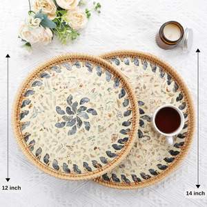 Plateau de service en rotin incrusté de nacre, artisanal et de haute qualité, design unique d'Inde, nouveau produit en bois - Product Image 5