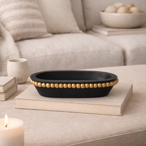 Bol à bougie antique vintage en bois de manguier noir et or, sculpté à la main, style américain, avec perles, pour remplissage de cire - Product Image 4