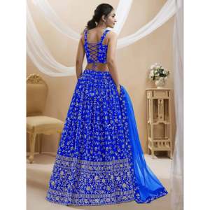 Women's Blue <b>Sequins</b> Georgette Wedding Lehenga Choli Set - Product Image 3