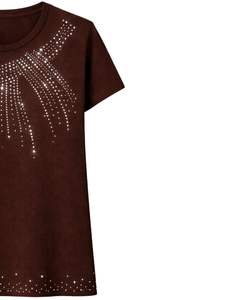T-shirt en coton marron personnalisé pour femme avec strass et pompons, manches courtes, col rond, haut décontracté et tendance pour femme, vente en gros sur mesure - Product Image 2