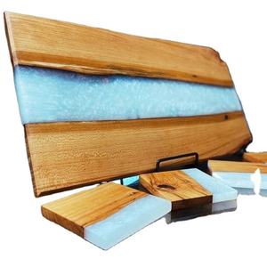 Plateau à fromages et sous-verres à thé en bois naturel et en résine faits à la main écologiques, lot de 4 sous-verres de vaisselle à boire - Product Image 1