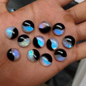 มูนสโตน แบล็ค โอบซิเดียน ดับเบิ้ลท์ รูปทรงกลม คาโบชอง สีฟ้าประกาย  แบบหลวม  ฐานแบน  หินธรรมชาติ สำหรับทำเครื่องประดับ - Product Image 4