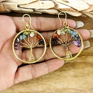 High Quality <b>Tree</b> Of Life Dangle Earrings Boho Brass Jewelry For Women 18k Gold Plated <b>Chakra</b> Gemstone Nature Hoop Wholesale OEM - Product Image 2
