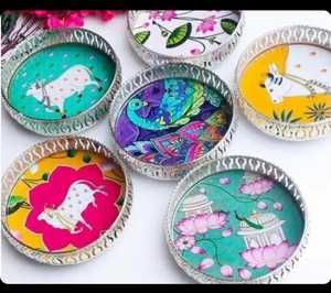 Handcrafted Pichwai and Peacock Motif Decorative Metal Platters with Intricate Filigree Borders Silver-Finished Metal <b>Frame</b> Tray - Product Image 1