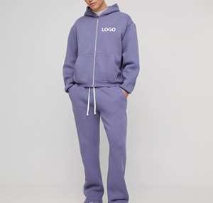 Men's Purple Hooded Sweatshirt <b>Set</b> Solid Color Casual Zip-Up Hoodie With Front Logo Print Cotton French Terry Autumn Wear - Product Image 1
