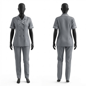 Uniforme de nettoyage haut de gamme en sergé polycoton 200 GSM gris, double boutonnage, passepoil, logo personnalisé, coupe ajustée, manches longues pour hôtel - Product Image 1