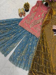 AARIKA TEXTILE Ensemble Sharara Palazzo en Soie Froissée de Haute Qualité avec Broderie de Paillettes et Dentelle, et Dupatta, Tenue Ethnique Festive, Livraison Rapide - Product Image 5