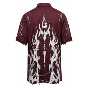 Camisa gótica de manga corta para hombre, color granate, con estampado de llamas, cadenas y dobladillo rasgado, estilo casual, para verano. - Product Image 3
