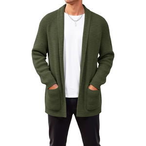 <b>Men's</b> Olive Green Knitted <b>Cardigan</b> Sweater <b>Shawl</b> <b>Collar</b> Long Sleeve Solid Color With Pockets Autumn Wear - Product Image 1