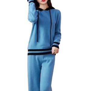 Sudadera CON CAPUCHA DE Cachemira de algodón de dos piezas para mujer, suéter de punto de manga larga, pantalones de pierna ancha de lana, SuitFall/Winte - Product Image 1