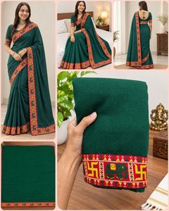 Women's Green Cotton <b>Saree</b> With <b>Red</b> And Yellow Border Traditional Indian Wear For Wedding All Seasons Regular Fit Floor Length - Product Image 5