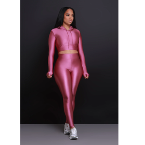 <b>Women</b> Pink Hooded Long Sleeve Crop Top High Waist Leggings <b>Set</b> Solid Color Spandex Polyester Gym Wear Full Length Trendy - Product Image 6