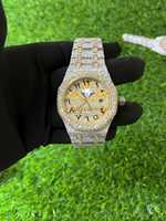 Montre de luxe pour homme en acier inoxydable avec quartz moissanite glacé, cadran arabe bicolore, date automatique, résistance à l'eau 3 ATM, verre 20 mm