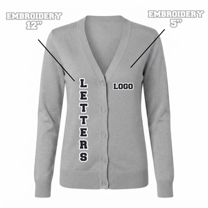 Cardigan en tricot personnalisé OEM ODM pour femme, col en V, gris uni, manches longues, boutons sur le devant, logo brodé, Sororité grecque - Product Image 1