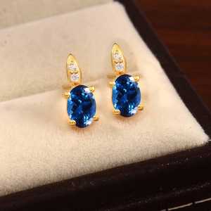 Boucles d'oreilles clous en tourmaline bleue impeccable, argent sterling 925 plaqué or 14 carats, bijoux faits à la main, cadeau de fiançailles - Product Image 5