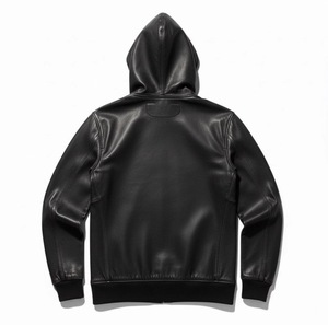 Men's Black Leather Hooded Jacket Zipper Closure Casual Autumn Wear Regular Fit Solid Color Front Pocket Design - Product Image 2