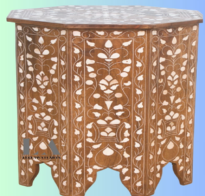Table d'appoint en bois avec incrustation de os, disponible à prix de gros, offre une silhouette hexagonale classique avec incrustation botanique. - Product Image 1