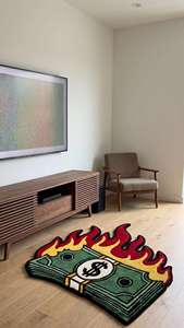 Tapis d'intérieur antidérapant en laine tuftée à la main, motif flamme de billets de banque, unique, pour salon, chambre à coucher, salle de jeux - Product Image 2