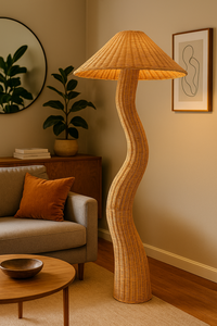 Nouvelle conception, lampadaire de style mid-century en rotin tressé à la main avec structure en fer, lampe à induction E27, abat-jour beige, dimmable, luxe - Product Image 2