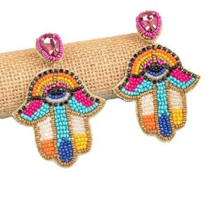 Pendientes y Aros Multicolor con Bordado de Hamsa y Ojo Turco, con Cuentas, para Bodas, Fiestas, Pendientes Étnicos Festivos, Estilo Boho - Product Image 1