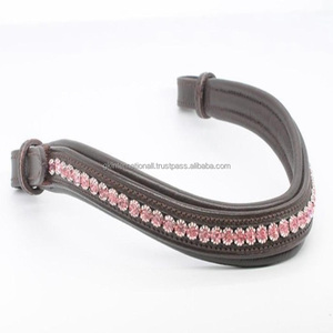 Frontal de cheval en cuir rembourré noir et havana, sur mesure, incrusté de cristaux dorés de luxe et de strass, avec canal vide. - Product Image 1