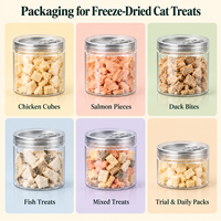 Pot d'emballage personnalisé en PET transparent pour friandises lyophilisées pour chats, avec couvercle et étiquette, pour snacks au poulet et au saumon