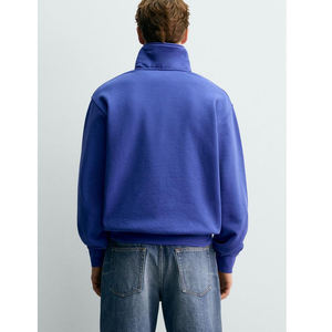 Pull-over décontracté en molleton 100 % coton bleu roi uni pour homme, col montant, fermeture éclair quart de tour, vente en gros sur mesure - Product Image 4