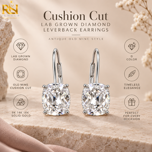 Pendientes colgantes con diamante cultivado en laboratorio de corte cojín, estilo antiguo de mina, con cierre de palanca |   Piezas de Joyería Fina de Oro Sólido de 9K, 14K y 18K - Product Image 5