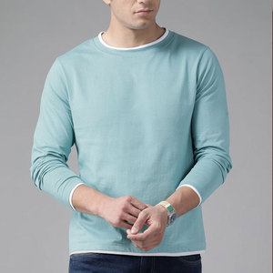 เสื้อยืดแขนยาวผู้ชายสีฟ้าอ่อน คอโอ ทรงปกติ แต่งขอบตัดสี ผ้าถักเนื้อนุ่ม สไตล์ลำลอง - Product Image 1