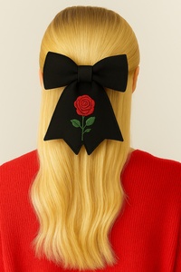 Elegante Lazo para el Cabello con Bordado de Rosa Roja, Opción de Regalo Perfecta, Lazo Floral con Cola Larga Negra para Mujeres y Niñas, Lazos para el Cabello de Boutique - Product Image 3
