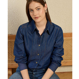 New Vintage Women's Denim Blouse Long Sleeve Single Breasted Casual <b>Top</b> Turn Collar Pockets Plus Size for Autumn Winter - Product Image 4