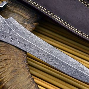 Couteau à lame fixe en acier Damas fait main, 30 cm, manche en corne de cerf avec étui en cuir, pour camping, survie, chasse, tranchant comme un rasoir, DIY - Product Image 4