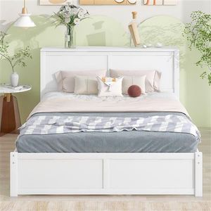 Queen Size Storage Platform Bed with White Pull-Out Shelves & Twin XL Trundle Up-Holstered Furniture - Product Image 3