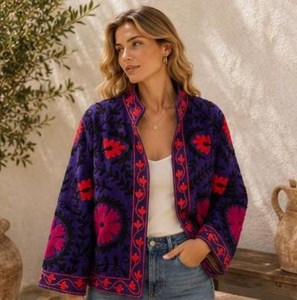 Festival Look Handmade Suzani Embroidered Jacket Black Boho <b>Coat</b> Vintage Ethnic Outerwear Luxury Statement Blazer For <b>Women</b> - Product Image 3