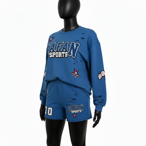 Conjunto de Camiseta y Pantalones Cortos de Algodón Suave de Alta Calidad para Mujer, con Apliques Azules y Logotipo Bordado, 100% Algodón - Product Image 4