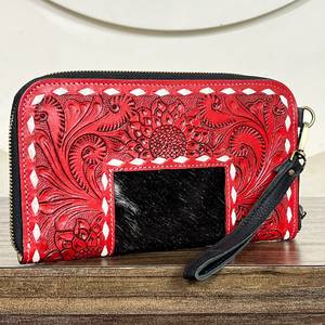 Women Fashionable Hand Tooled <b>Red</b> Floral Leather Zipper <b>Clutch</b> Stylish Cowhide Leather RFID Blocking Slim Wristlet Wallets - Product Image 4