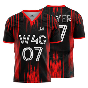 เสื้อฟุตบอลผู้ชาย Wear 4 Games สีดำแดงลายทาง คอวี แขนสั้น ระบายเหงื่อได้ดี ทรงแอธเลติก พิมพ์ลายแบบ Sublimated - Product Image 1