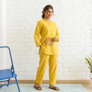 <b>Women</b>’s <b>Yellow</b> Cotton Two Piece Set Long Sleeve Round Neck <b>Top</b> Straight Pants Minimalist Printed Casual Comfortable Wear - Product Image 2