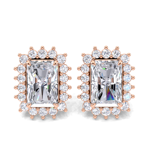 Boucles d'oreilles clous en diamant taille radiant double halo 1,24 carat, en or jaune, blanc et rose 18 carats, avec fermoir à vis, bijoux de luxe pour mariée - Product Image 5