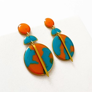 Pendientes de Resina de Moda, Redondos, con Diseño Marmoleado en Naranja y Azul, Hechos a Mano, Joyería de Plástico, Pendientes de Botón - Product Image 4