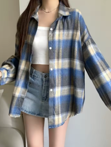 Flannel Plaid Shirt Women Long Sleeve Collared Button <b>Down</b> Oversized Check Blouse Shacket Female Street Style Casual Outfit - Product Image 5