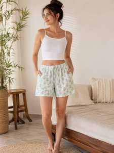 Shorts de Algodón con Estampado Floral Verde, Shorts Casuales de Verano para Descansar, Shorts para Dormir con Cordón Elástico y Bolsillos, Personalizados - Product Image 2