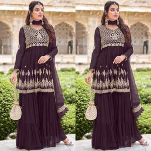 Color de color chocolate Bordado Atractivo desgaste de fiesta Top de gasa Plazzo tiene un ajuste regular y está hecho de tela de alta calidad - Product Image 2