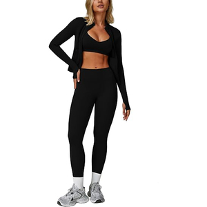 Conjunto Deportivo de 2 Piezas sin Costuras para Mujer con Logotipo Personalizado, Leggings de Cintura Alta, Sujetador con Cuello en V, Chaqueta de Manga Larga, Ropa de Gimnasio Reversible Sólida - Product Image 1